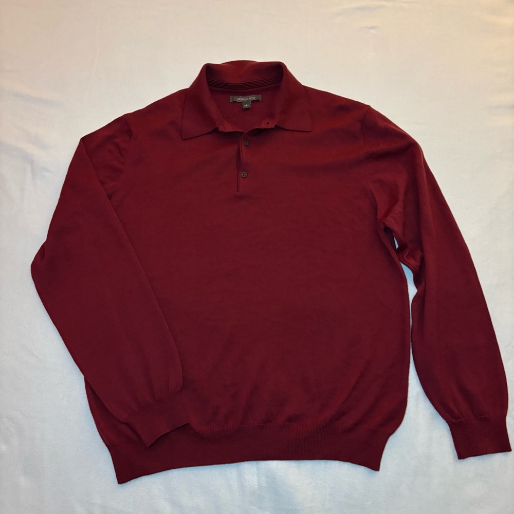 NORDSTROM Men's L Red 100% Extra Fine Merino Wool Knit Pullover Collared Sweater